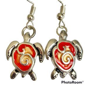 Sea Turtle Earrings Silver Plated Nautical Island Sea Life Pierced Orange Yellow